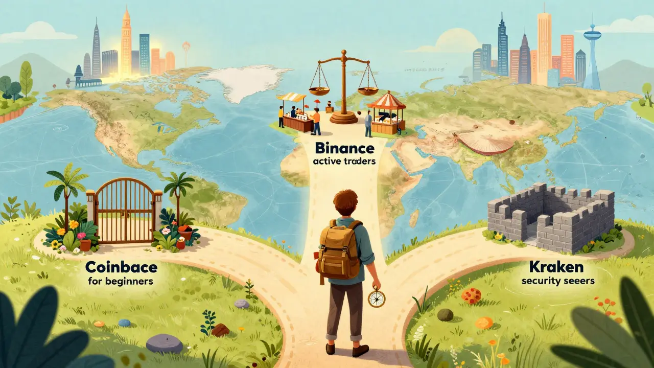 Traveler choosing between different crypto exchange paths on a map