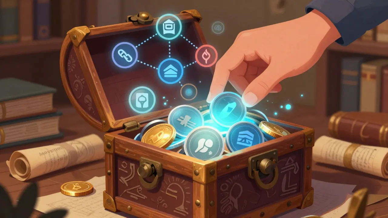Whimsical art showing glowing tokens emerging from a mystical chest via mining.