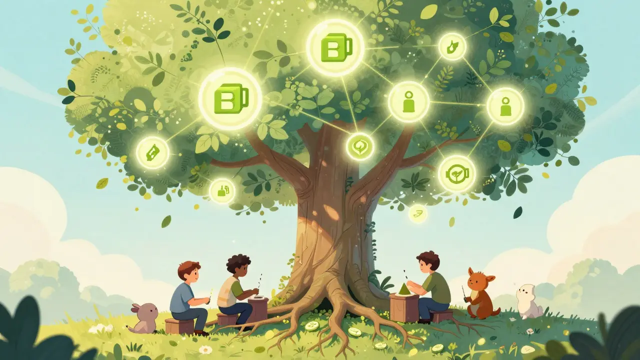 Whimsical drawing of blockchain tree giving leaf rewards to workers securing the network