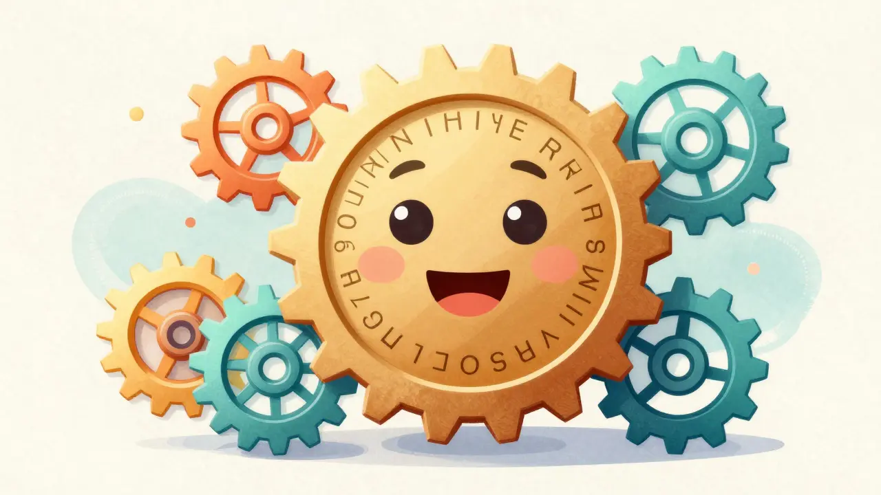 Whimsical gears and cogs illustrating fast blockchain technology and mining.