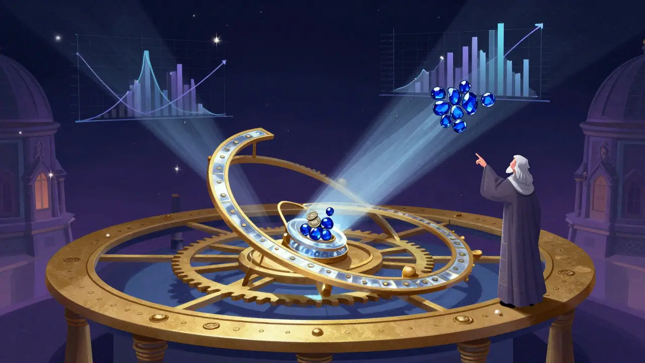 Whimsical illustration of a scholar analyzing glowing data streams from an ancient mechanical device.