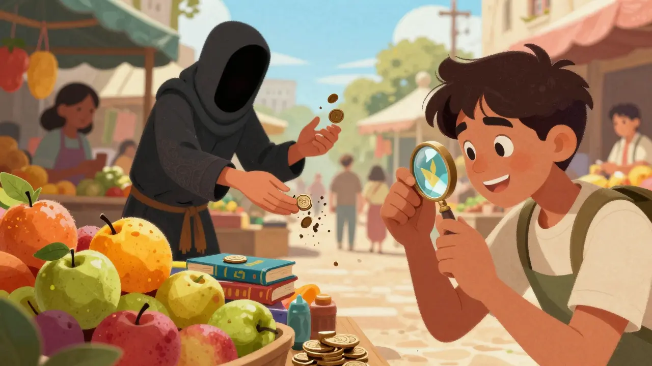 Whimsical market scene showing real token exchanges versus crumbling fake scam coins.