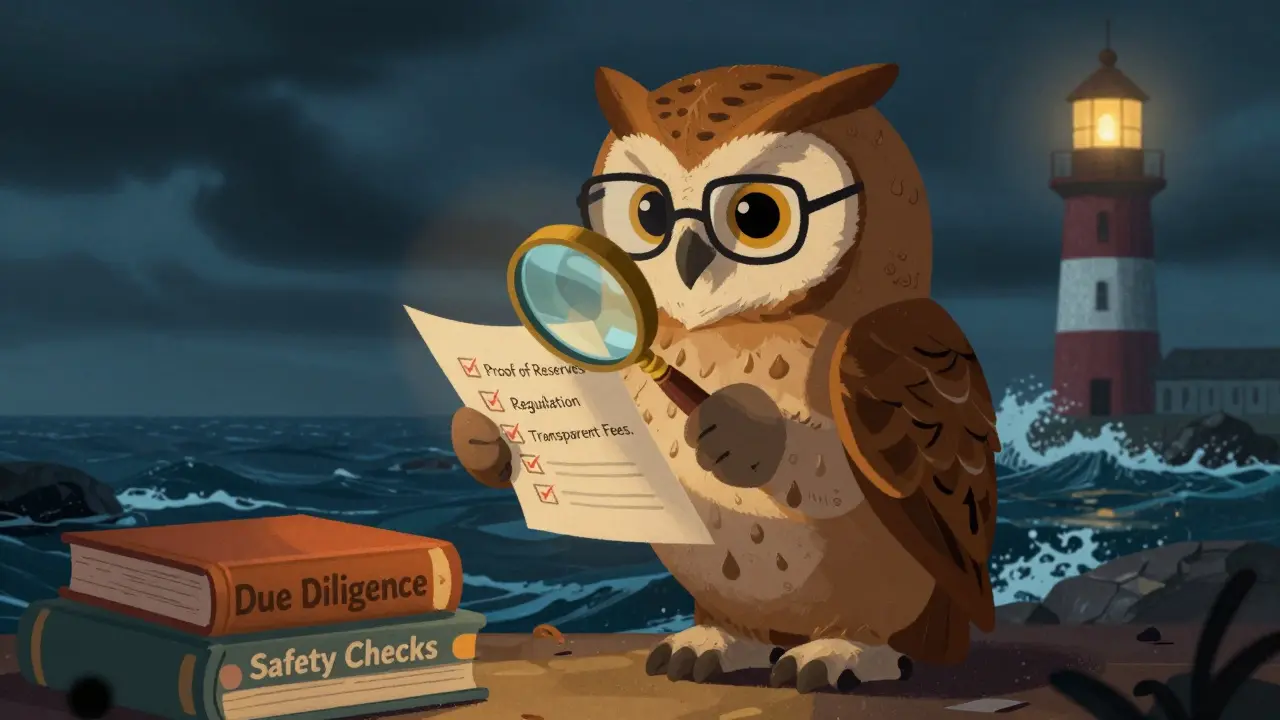 Wise owl checking safety guidelines for choosing a secure crypto platform.