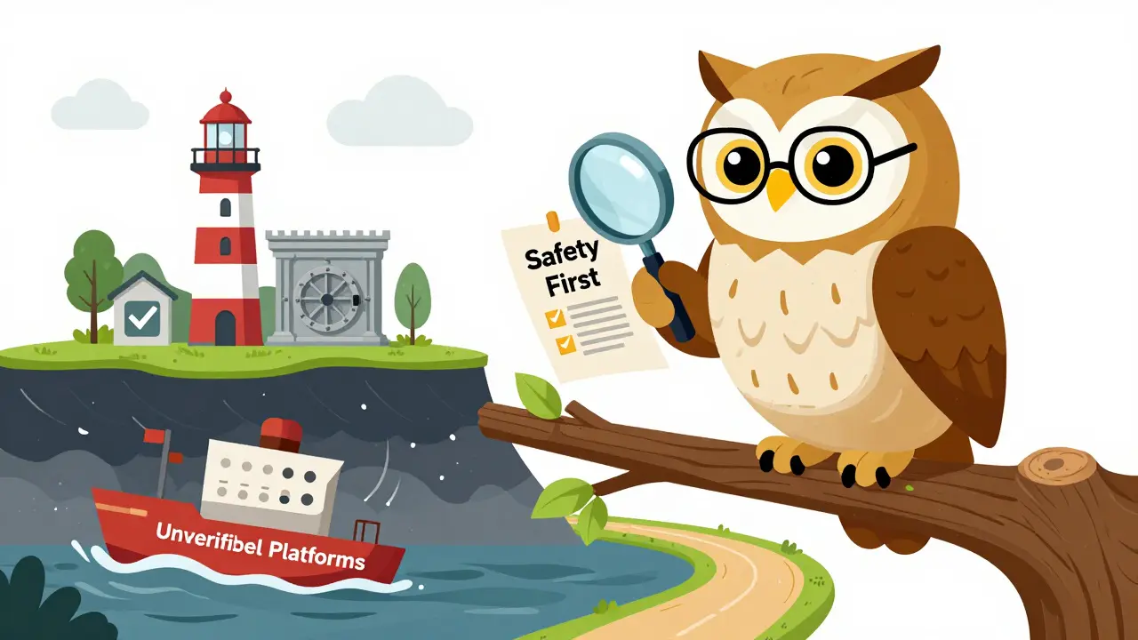 Wise owl inspecting safety checklist while storm hits unverified platforms