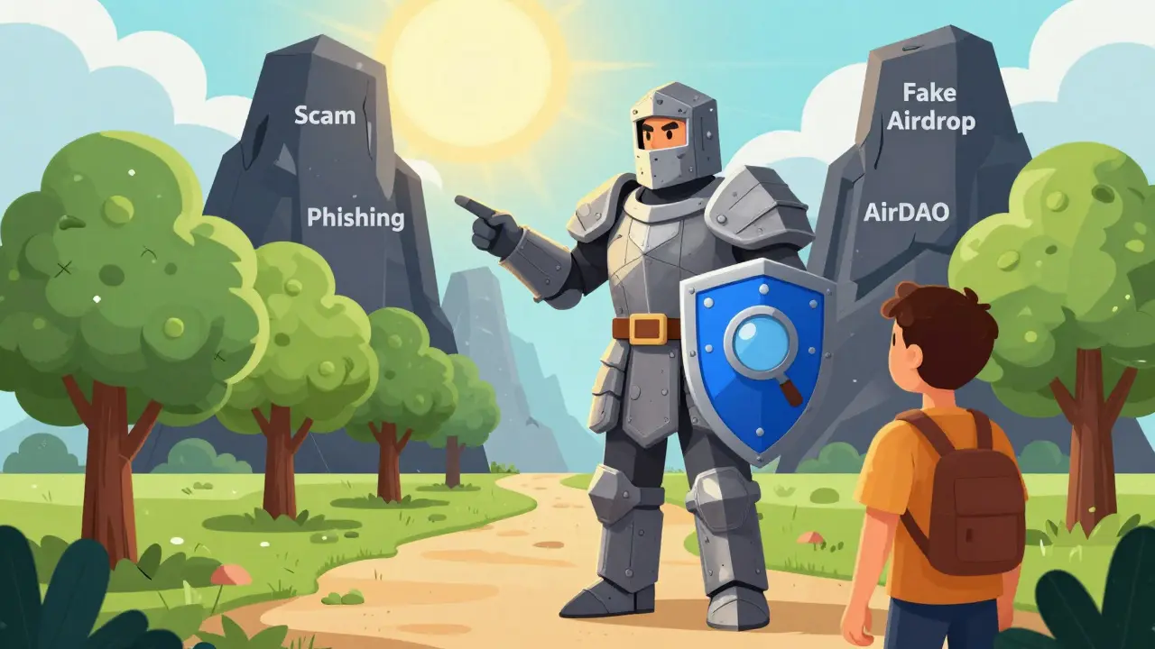A guardian knight protecting a user from crypto scams and leading to safety