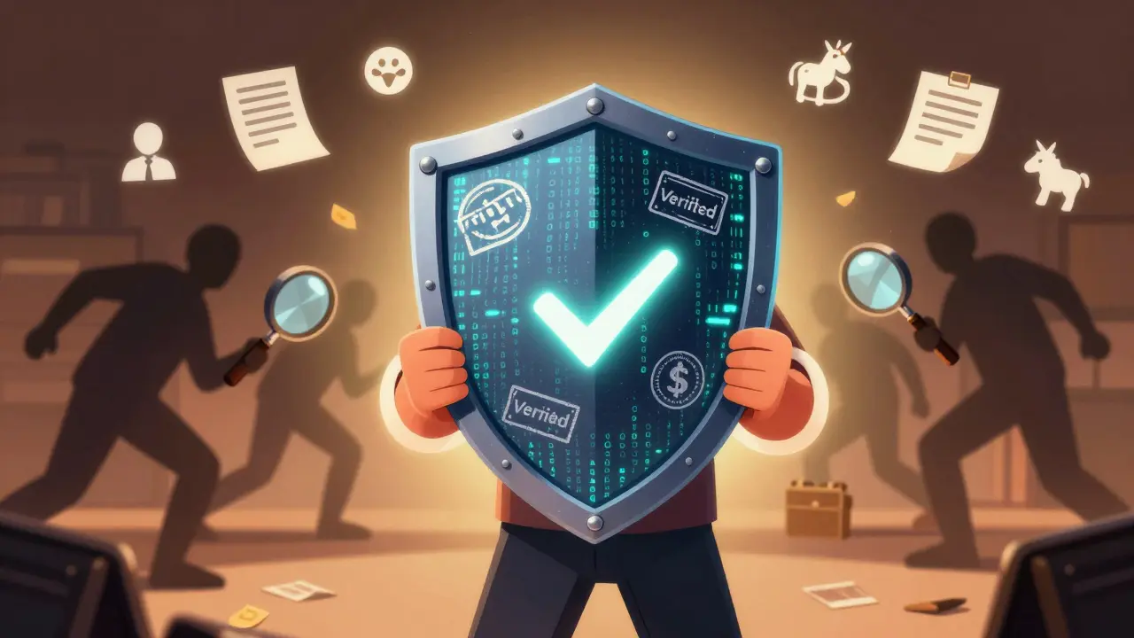 A trader holding a protective shield against shadowy scams in a storybook style.