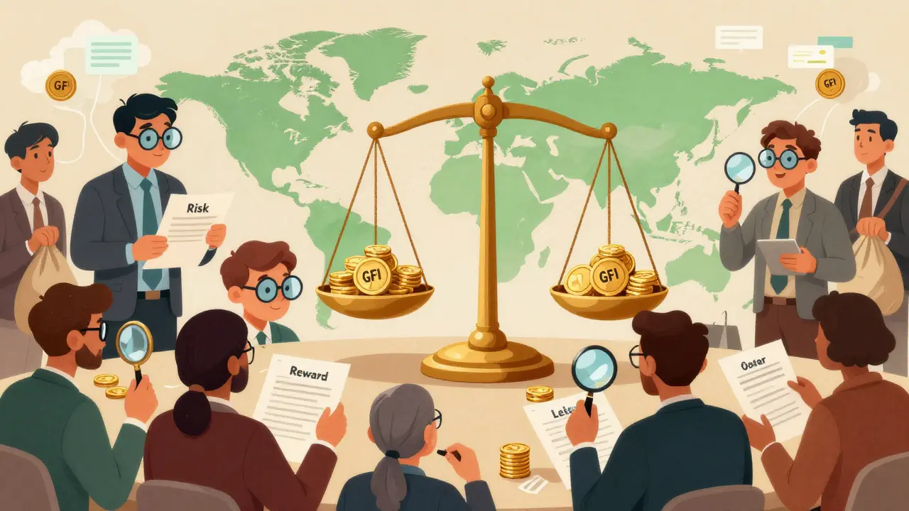 Analysts evaluating loan deals in a storybook-style marketplace