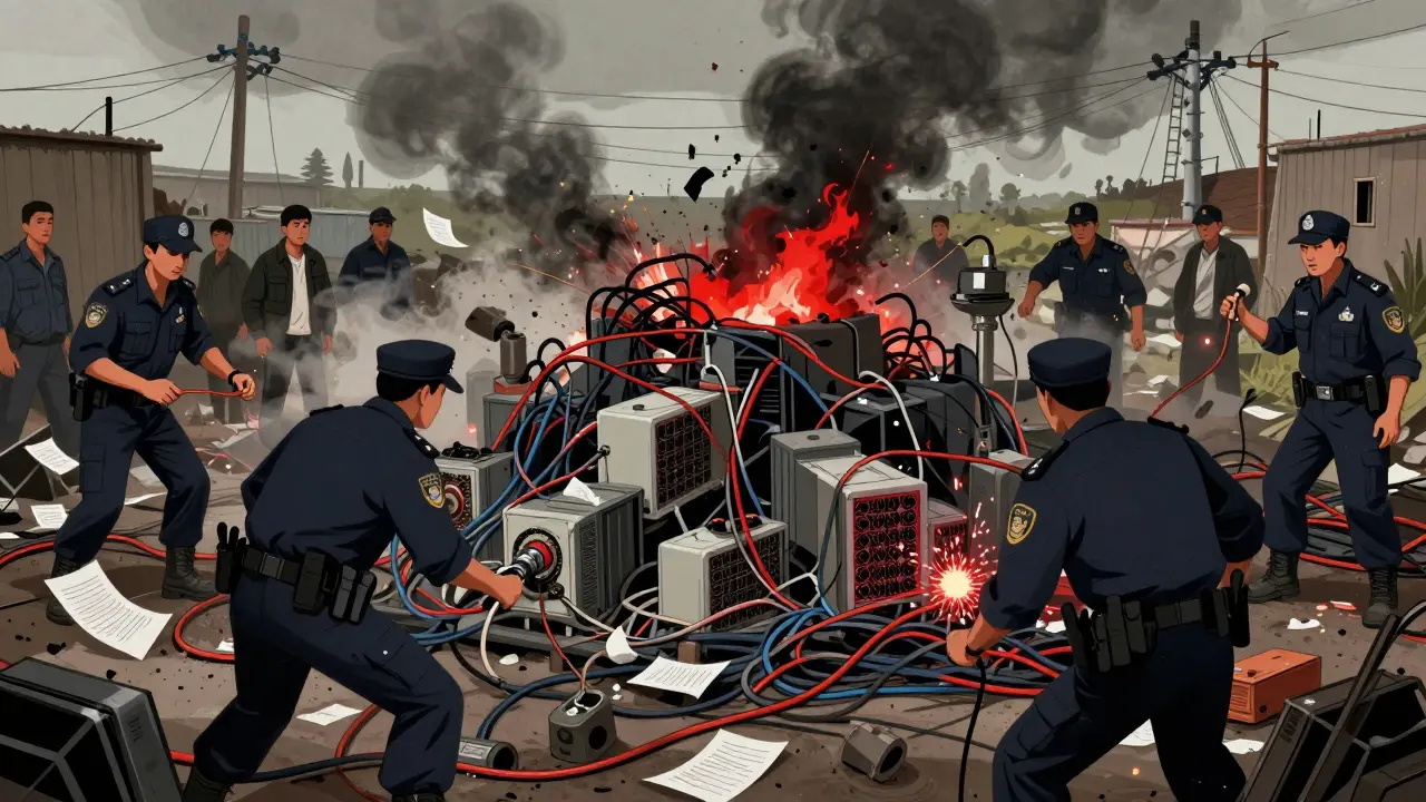 Authorities raiding a large illegal crypto mining operation