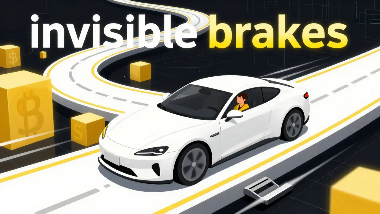 Car speeding on blockchain road with invisible brakes