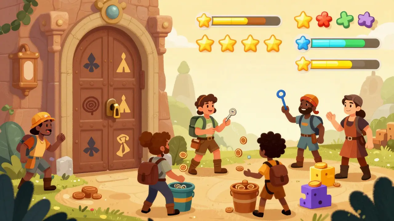 Cartoon adventurers playing gamified staking challenges at the entrance of a token castle