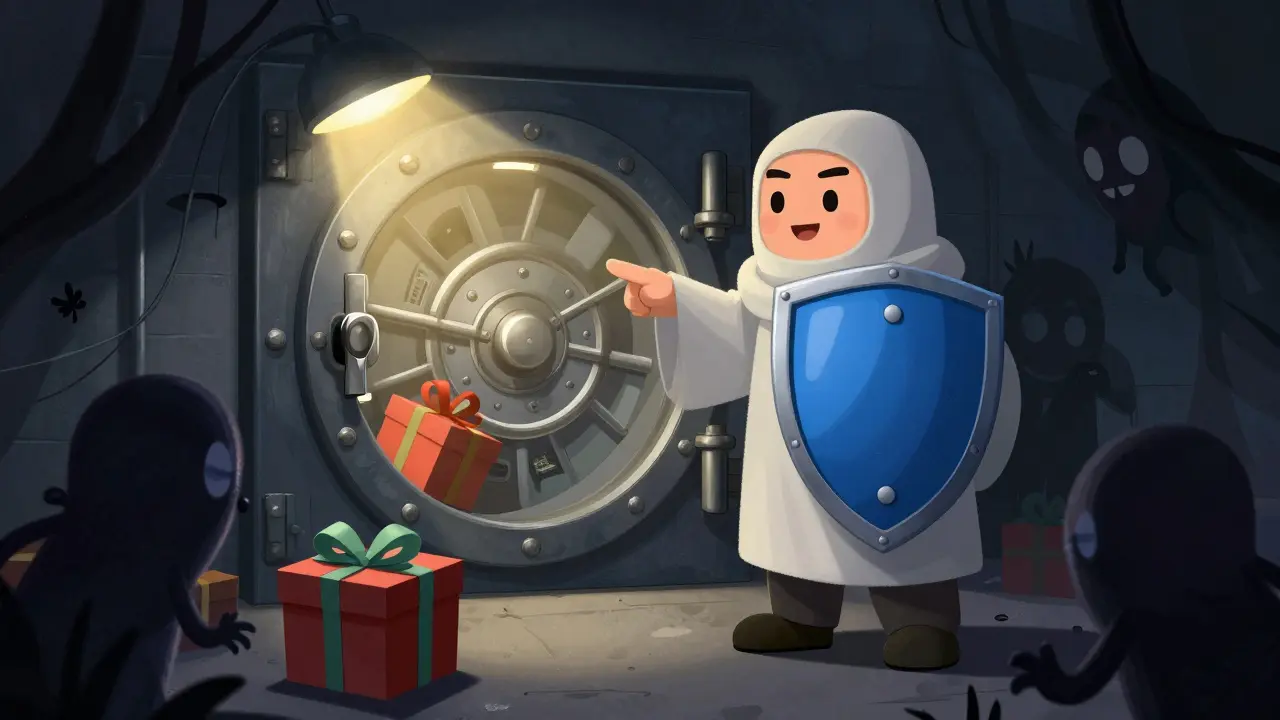Cartoon guardian protecting a digital wallet from shadowy scam creatures