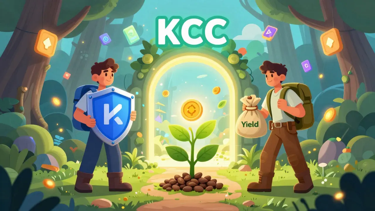 Cartoon of investors and explorers standing before a glowing KCC portal