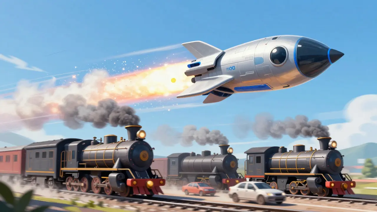 Cartoon rocket speeding past slow trains, symbolizing fast transactions.