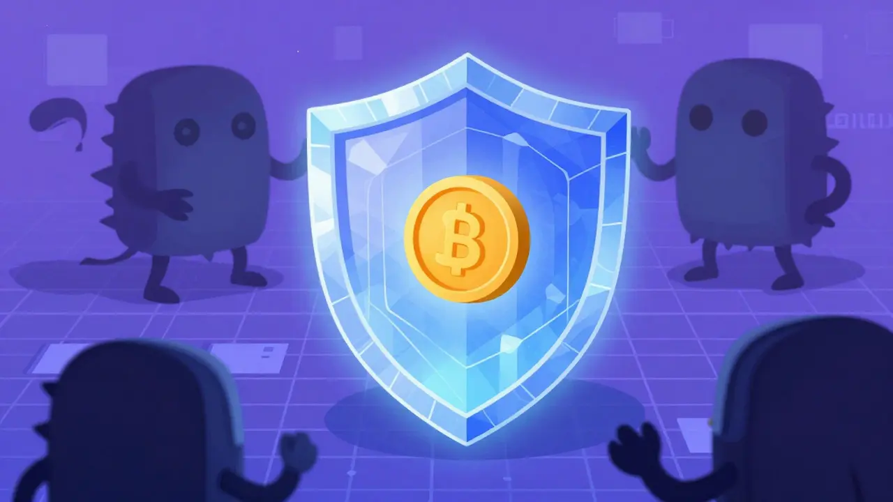 Cartoon shield protecting coins from bot attacks on blockchain