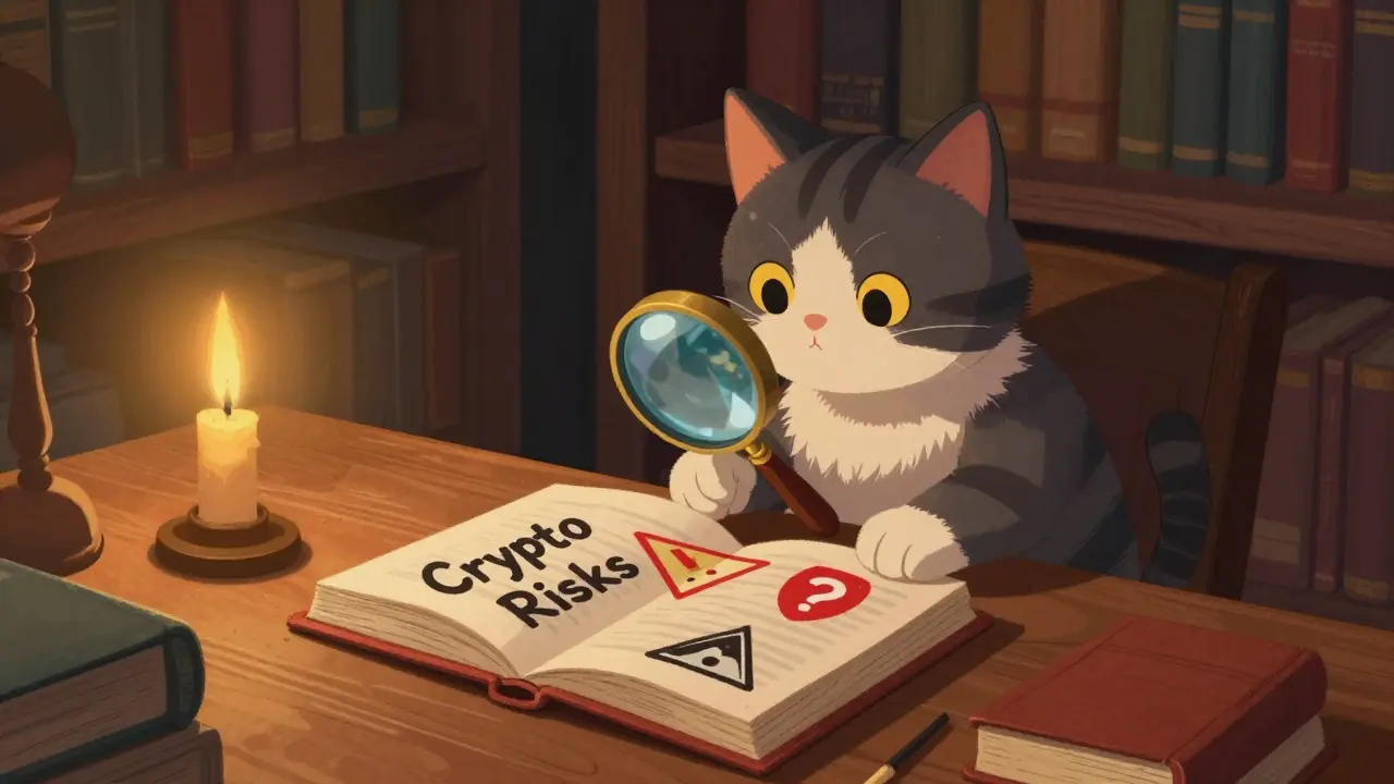 Cat inspecting a warning sign about crypto risks in a library