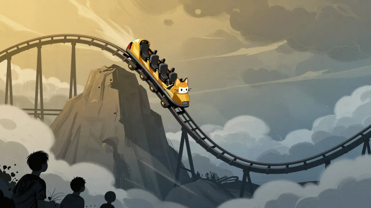 Cat-shaped rollercoaster crashing down representing price volatility