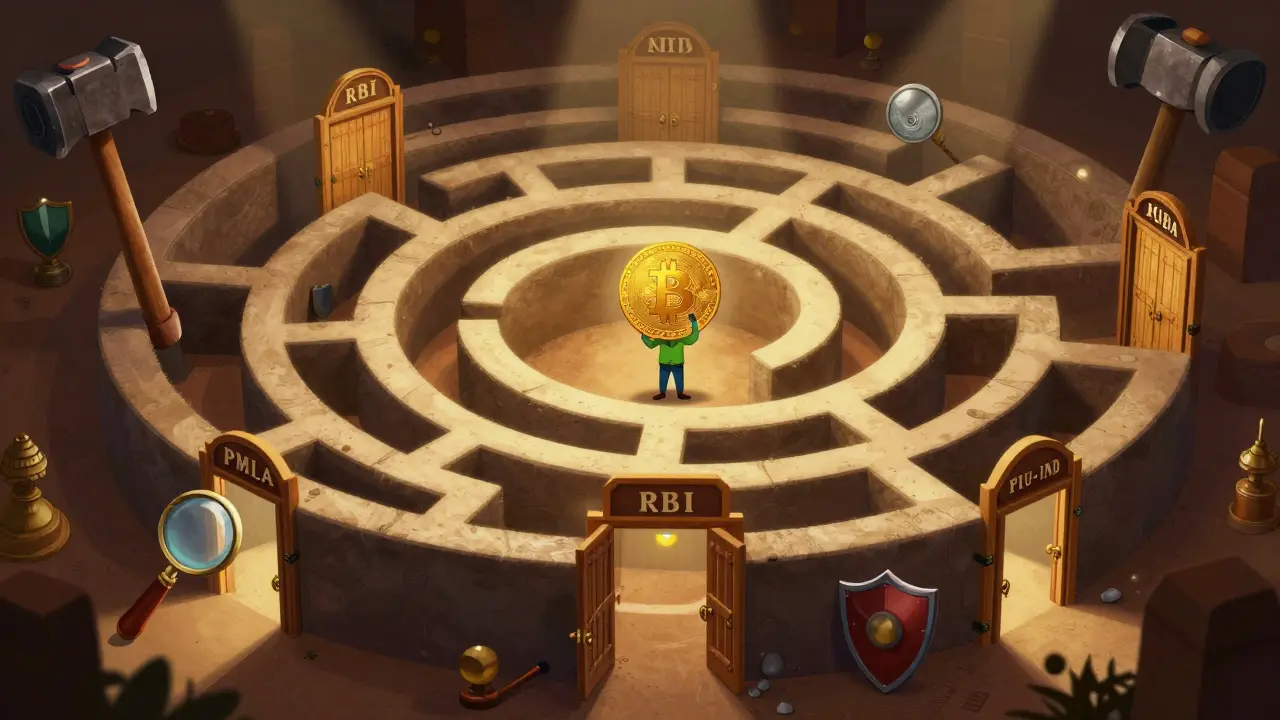 Character navigating a maze of regulatory bodies and compliance rules