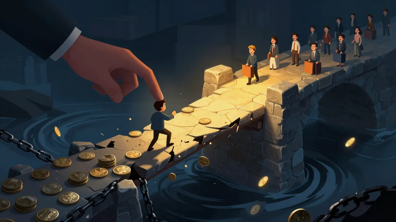 Character on a crumbling coin bridge over an abyss, illustrating the liquidity trap of obscure exchanges.