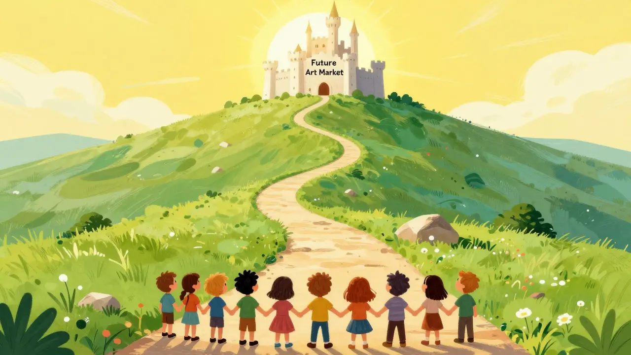 Characters walking up a path toward a bright castle representing future growth