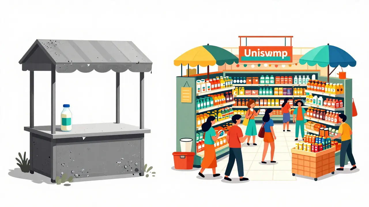 Contrast between an empty stall and a bustling market illustrating liquidity differences.