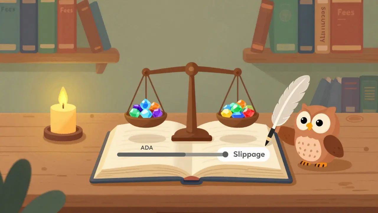 Cozy storybook scene showing a simple, low-fee token swap on a wooden desk with an owl helper.