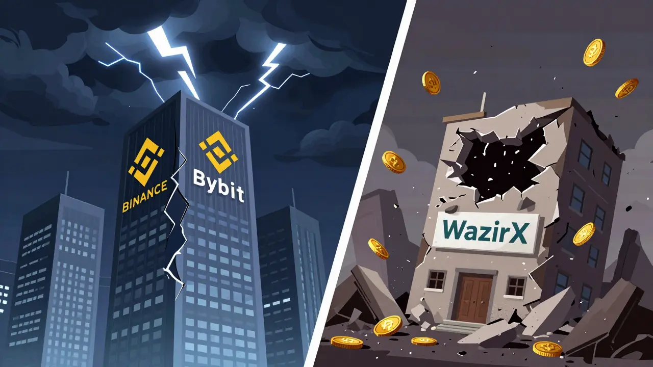 Crumbling buildings representing risky crypto exchanges under stormy skies