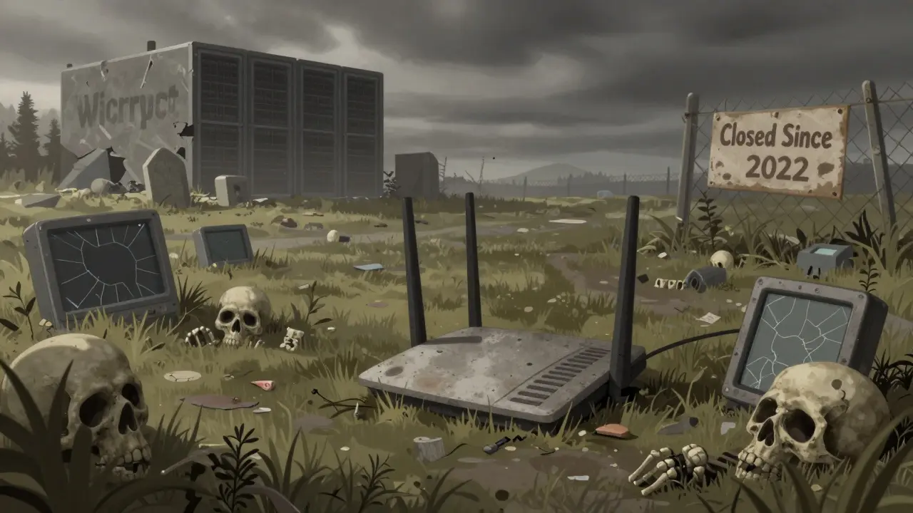 Dusty, abandoned crypto hardware in a digital graveyard symbolizing failure
