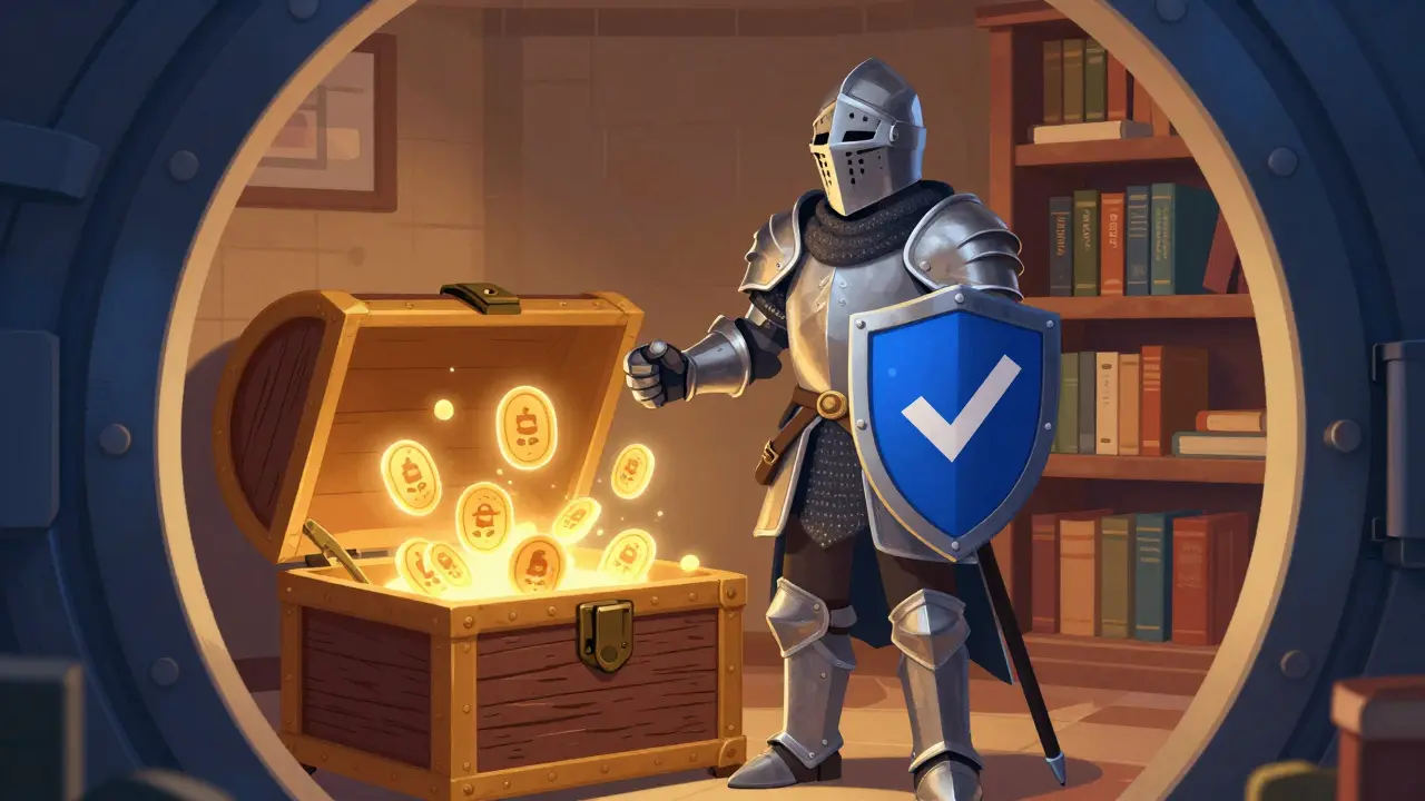 Friendly knight guarding a treasure chest, representing secure DeFi.