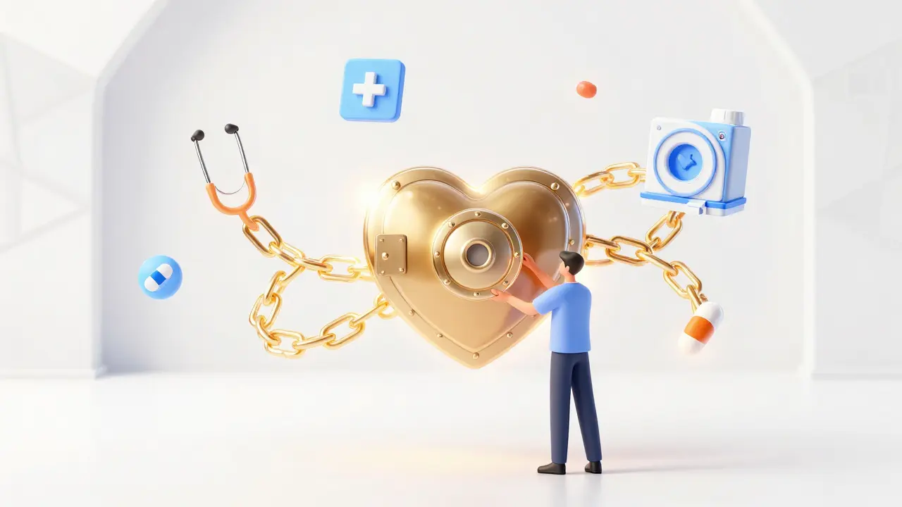 Glowing blockchain chain connecting medical tools around a secure heart vault