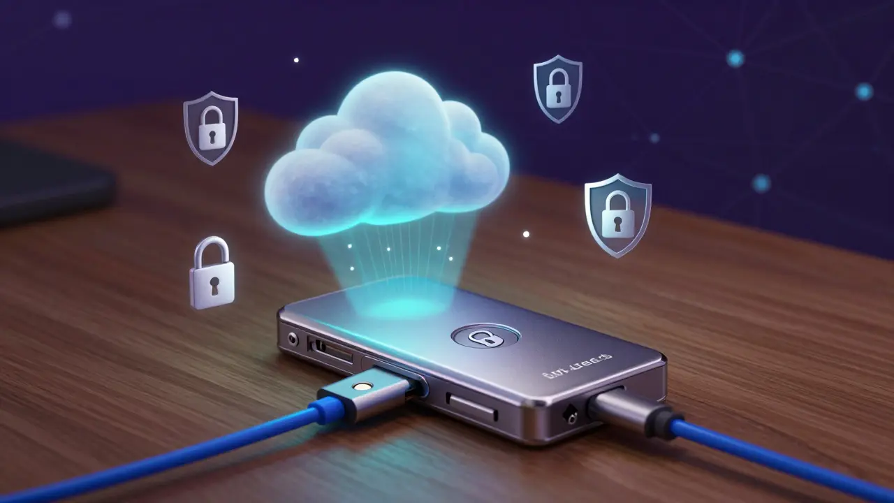 Hardware wallet secured by shields, connected to cloud payment gateway