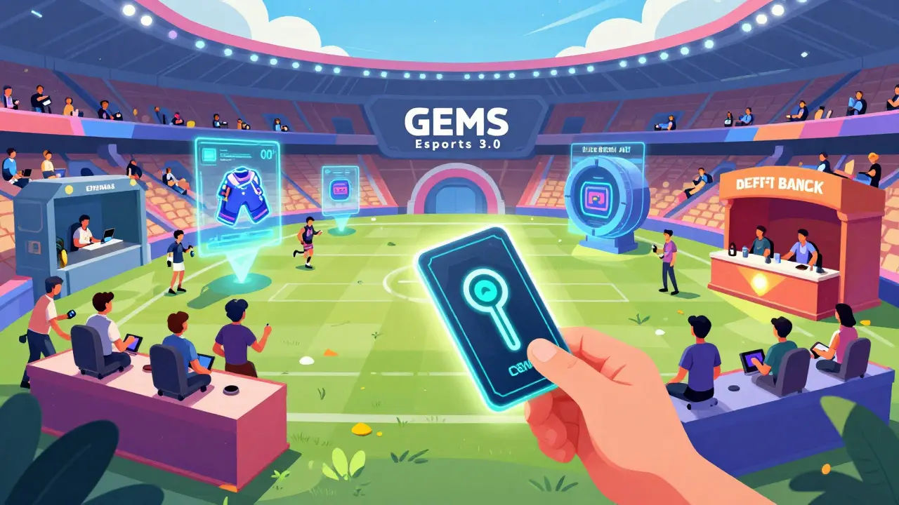 Illustration of a futuristic esports arena with players, AI holograms, and utility NFTs
