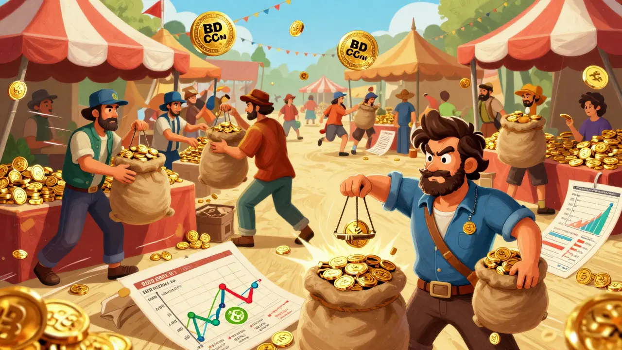 Illustration of active traders exchanging tokens at a busy crypto marketplace stall