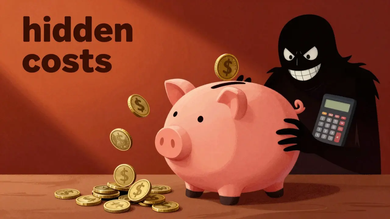 Illustration of coins shrinking entering a piggy bank, symbolizing hidden fees