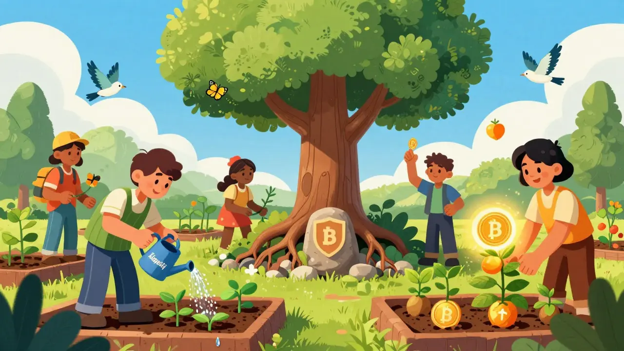 Illustration of users tending a garden of crypto tokens, representing liquidity and yield farming.
