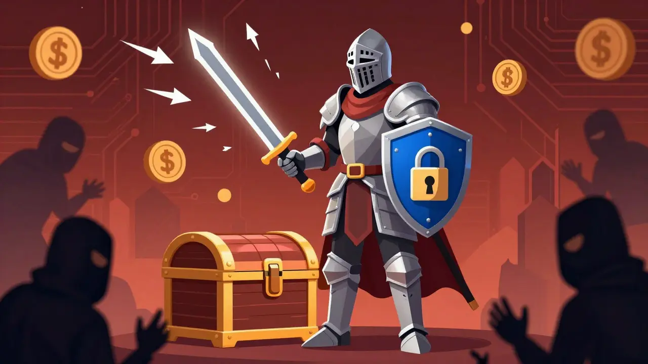 Knight protecting digital wallet from phishing scams and traps