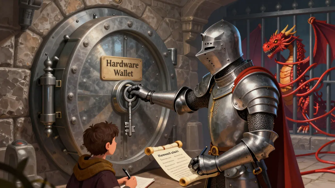 Knight securing crypto assets in a vault while locking away danger, illustrated
