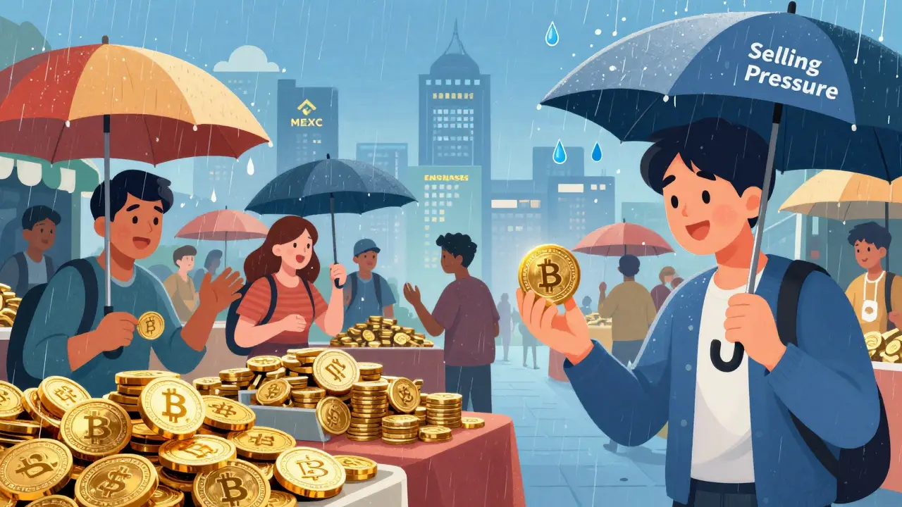 Marketplace scene showing traders managing SPH tokens amidst volatility and selling pressure.