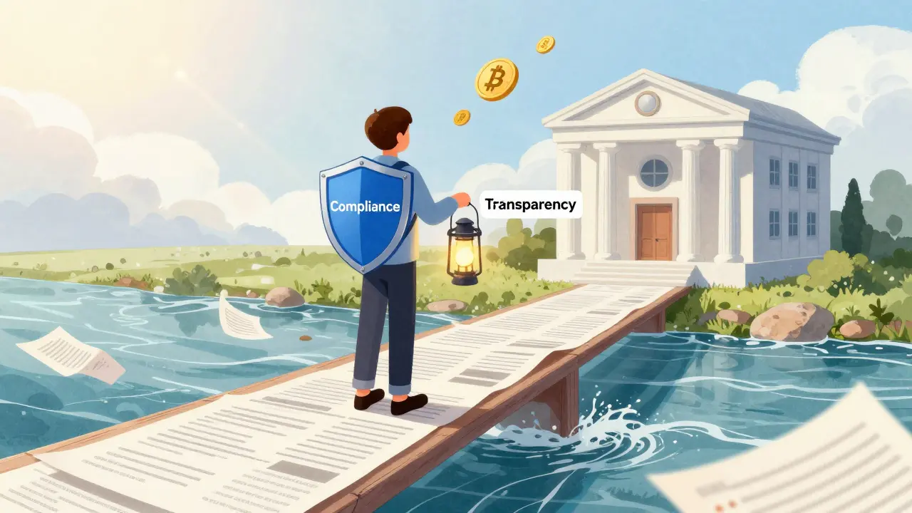 Person crossing a bridge of documents towards a secure bank building
