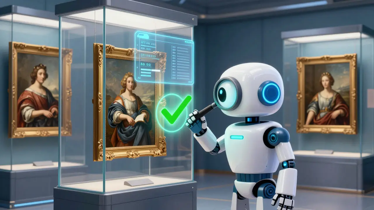 Robot scanning art in a vault with blockchain records floating nearby