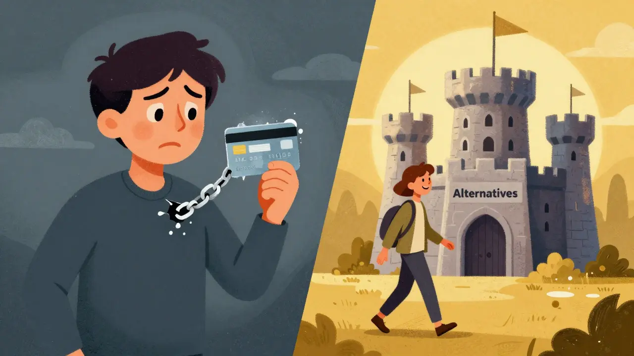 Split illustration showing frustrated user vs safe alternative exchange