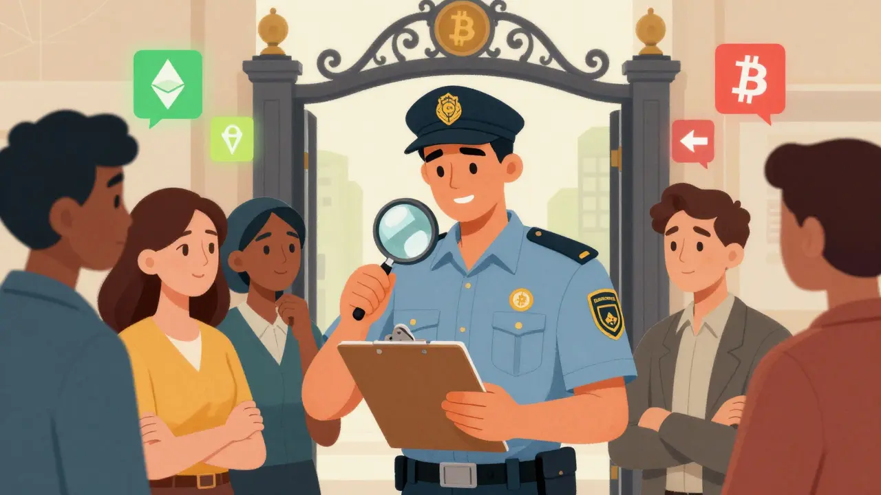 Storybook art of citizens facing regulatory scrutiny at a bank gatekeeper checkpoint for crypto compliance.