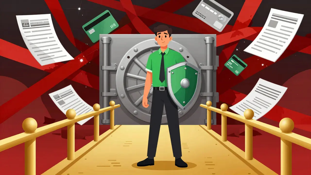 Trader standing safely on a bridge with a hardware wallet, avoiding chaos