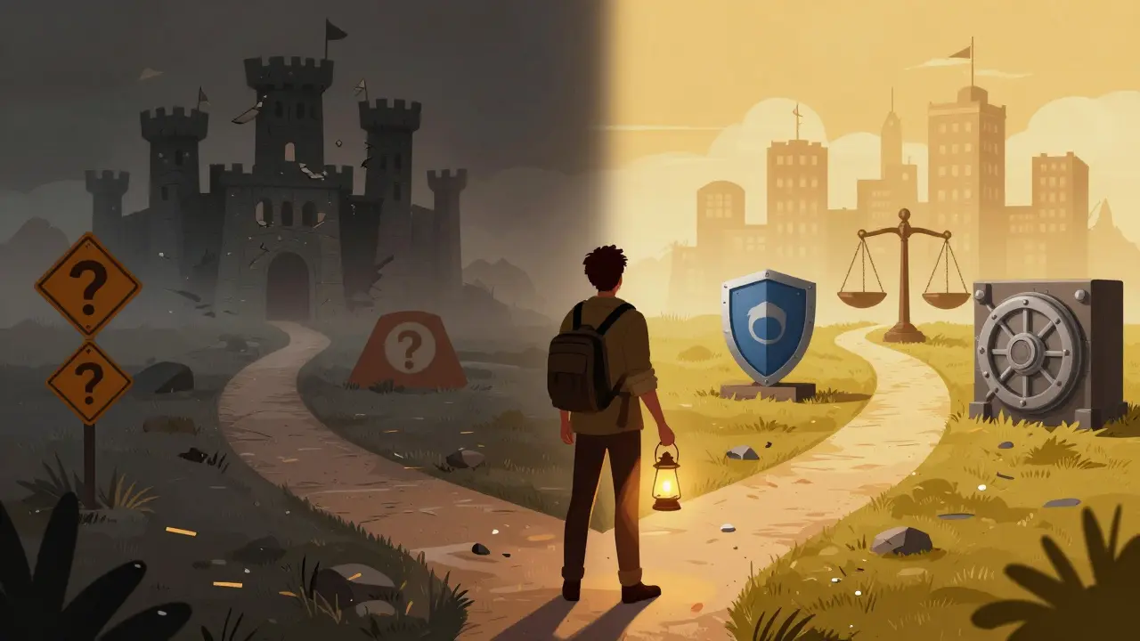 Traveler choosing between a dark risky path and a bright safe path with security symbols.