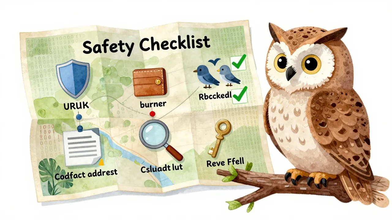 Whimsical owl reviewing a safety checklist map for secure crypto airdrop participation.