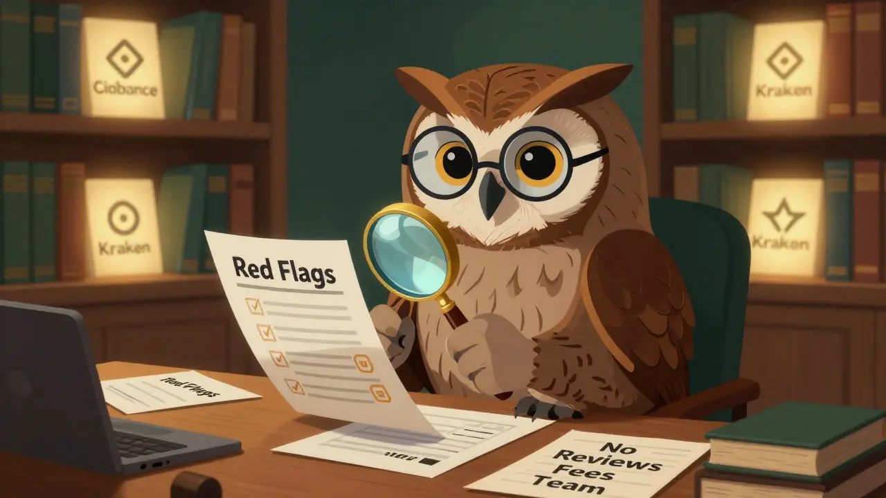 Wise owl librarian checking a list of red flags, with glowing books of trusted exchanges in the background.