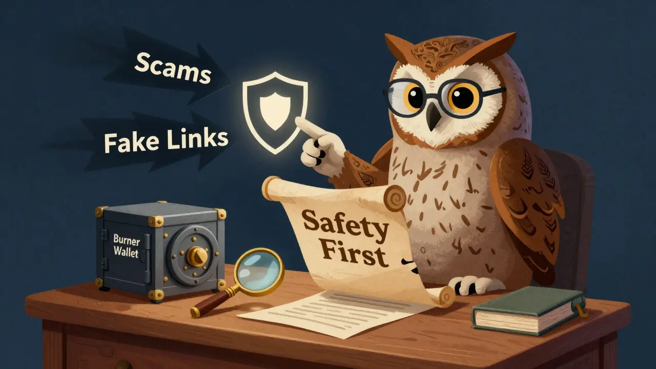 Wise owl librarian reviewing safety scrolls and protecting a wallet from scam arrows