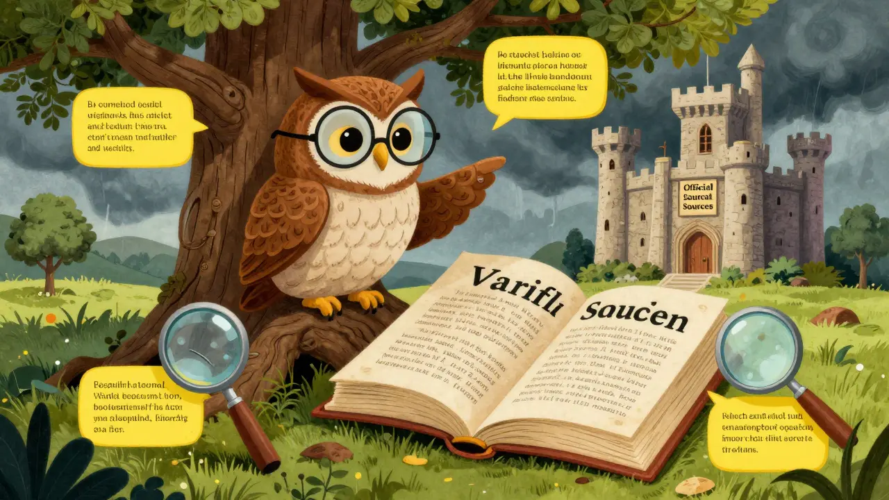 Wise owl teaching how to verify URLs and spot phishing scams in storybook art