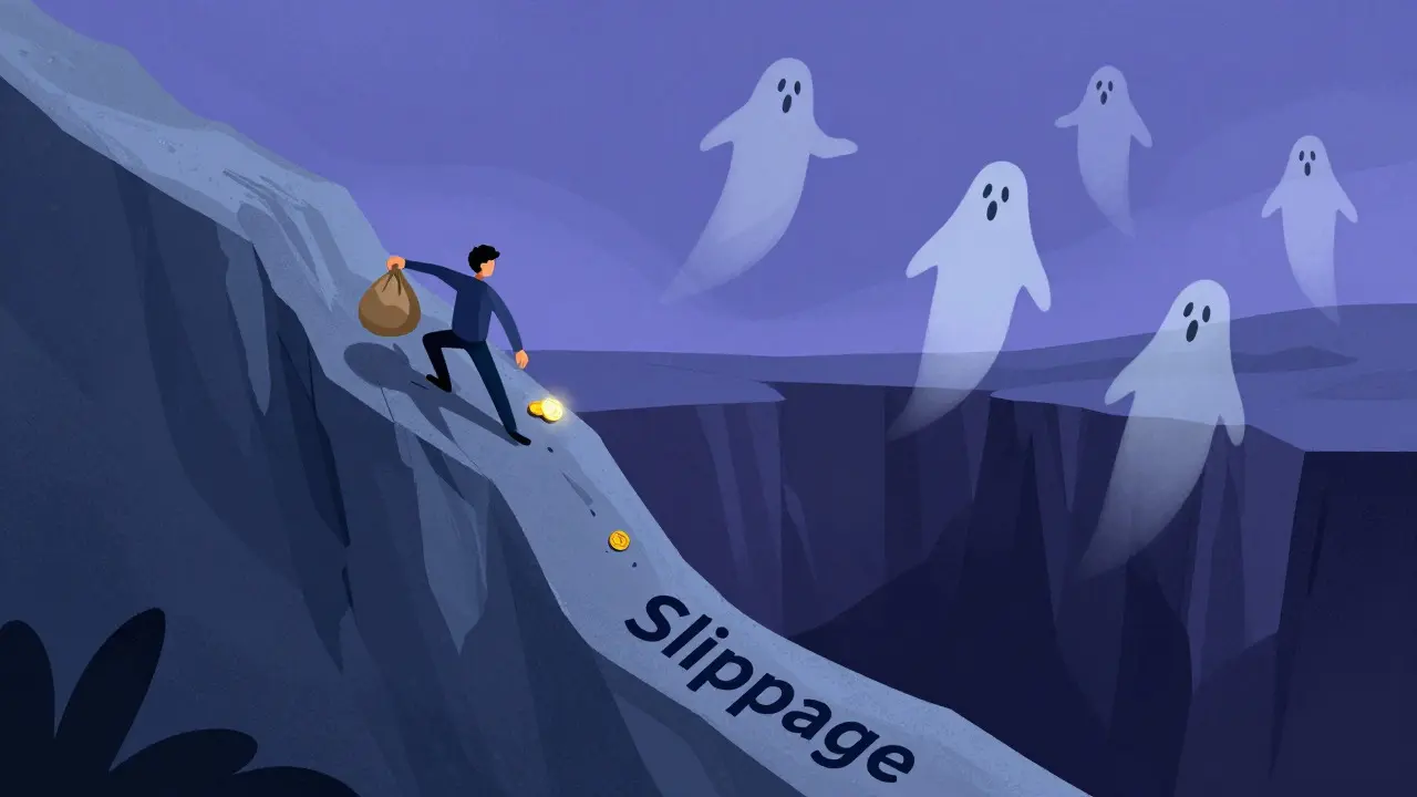 A character struggling on a slippery cliff edge representing crypto slippage.