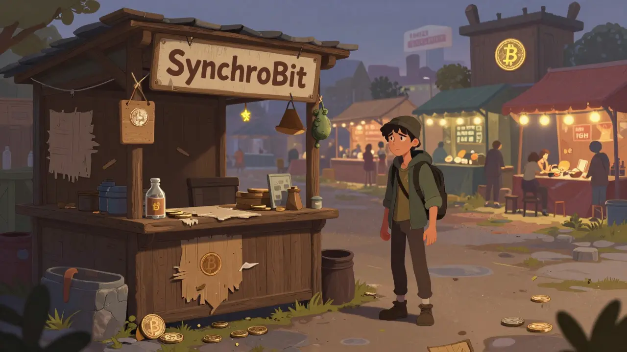 An abandoned market stall for SynchroBit surrounded by emptiness and twilight.