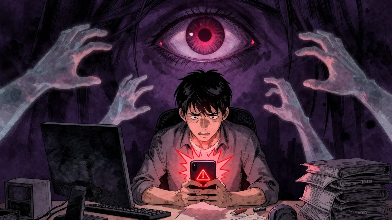 Anxious user facing red warning signs and shadowy threats during P2P crypto trading.